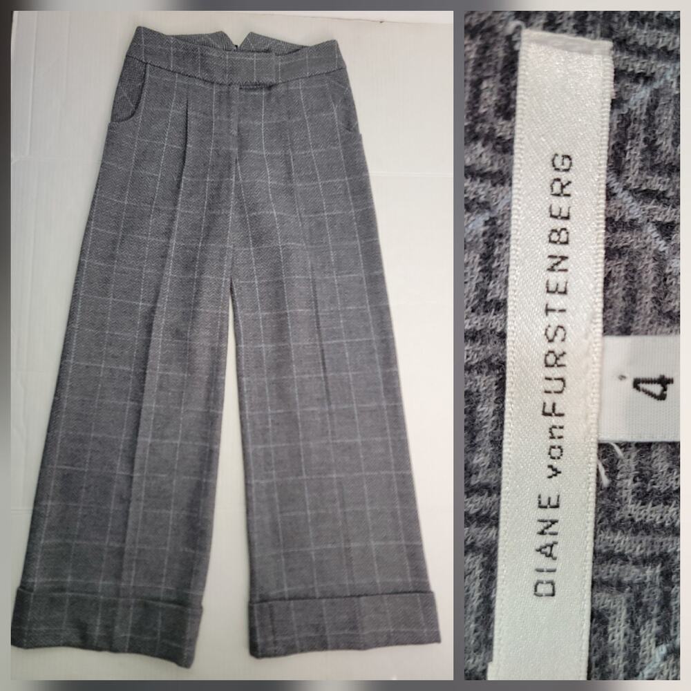 Diane von Furstenberg Corazon Pants SZ 4 Gray Wool Wide Leg Back Buckle Cuffed